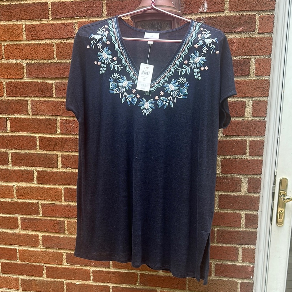 J. Jill Blue Embellished Short Sleeve Blouse